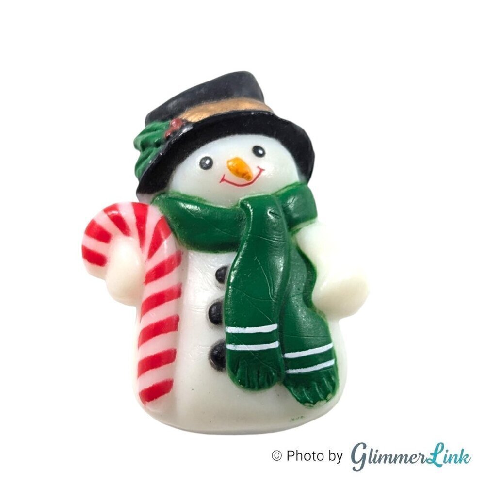 Vintage Fun World Snowman Brooch Green Scarf Candy Cane Holiday Pin